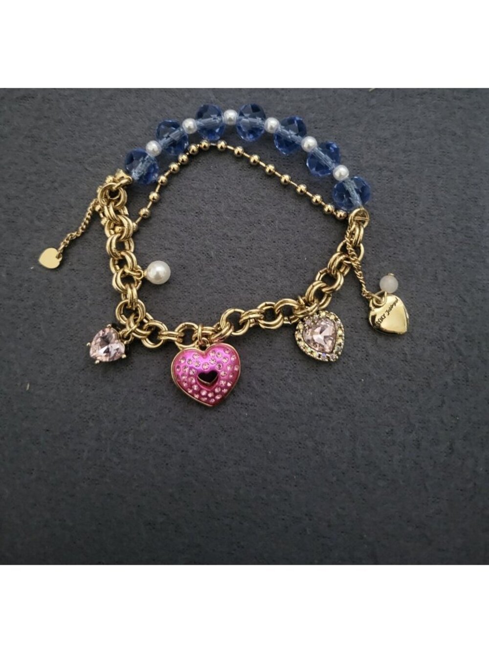 Betsey Johnson Heart Charm Gold Tone Blue Beaded Bracelet Girly Glam - Picture 1 of 5